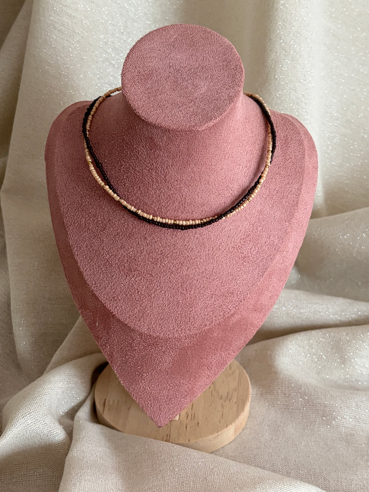 collier perles marron double rang torsade