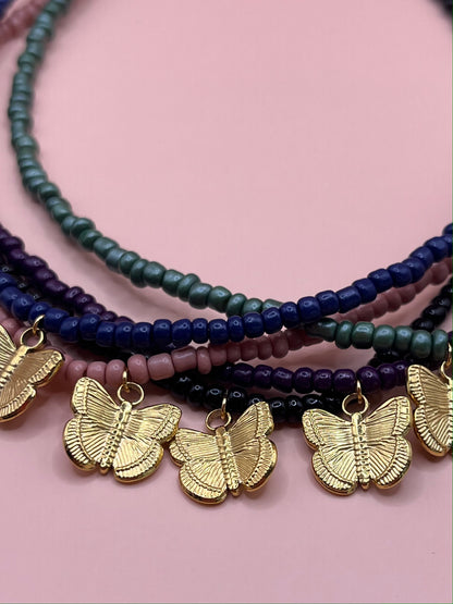 Dua | Collier en perles + breloque papillon en acier inoxydable